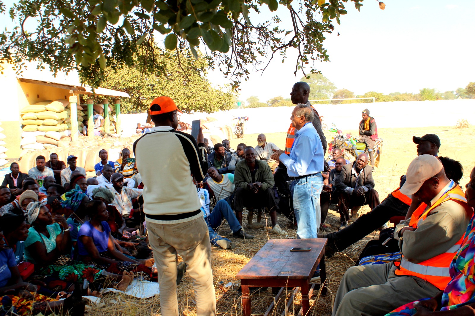 Farmers gather under a tree for an interactive session on cooperative marketing.